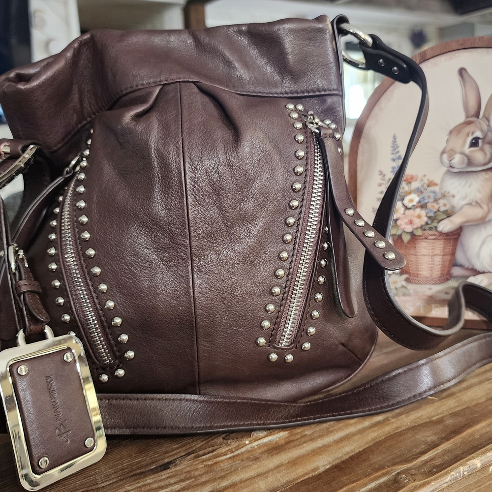 B. Makowsky Brown Leather Bag Featuring Studded Details